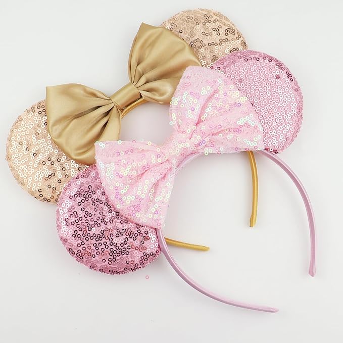 LIHELEI Mouse Ears Headband for Princess, Pink Headbands for Women Halloween Costume, Sequin Bows Headwear Hair Accessories -2 pack Rose Gold+Pink
