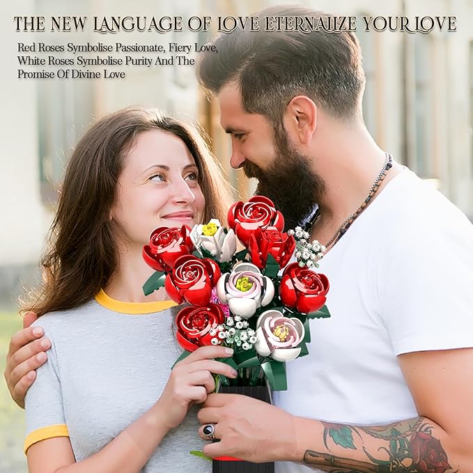 KOJAYHOL Roses Flower Bouquet Building Kit for Adults, Kids, 841PCS DIY Flowers Bouquet Building Set with Vase, Roses Artificial Flowers Building Set, Gifts Ideas for Anniversaries, Birthday, Wedding