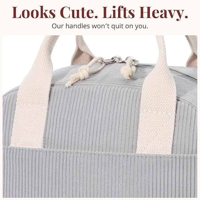 Insulated Lunch Bag for Women Men, Stylish Corduroy Tote Bag with Aluminum Lining, Large Capacity Reusable Cooler for Work, Travel, or Beach, Cloud Gray Lunch Box