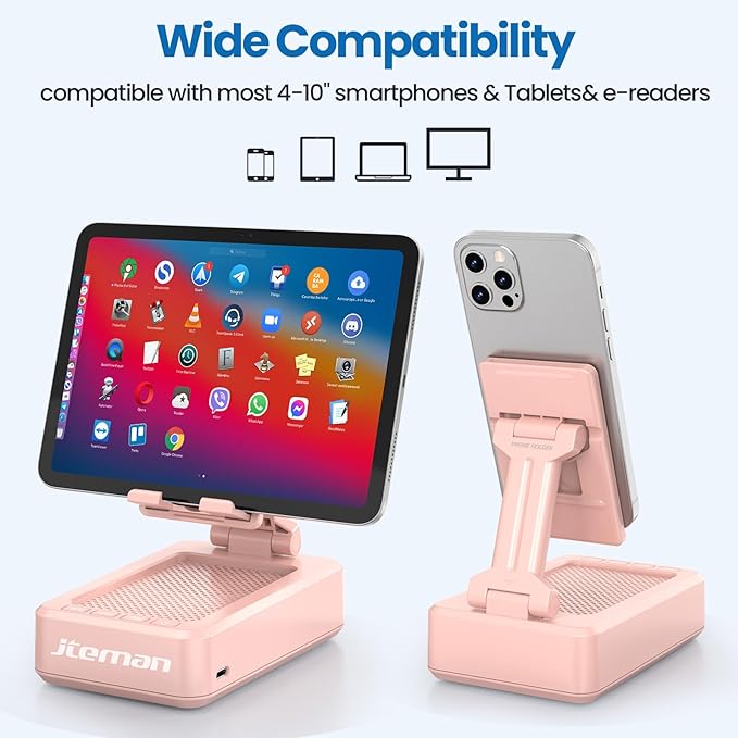 JTEMAN Cell Phone Stand with Bluetooth Speaker,Birthday Gifts for Women and Men,Kitchen Gadgets for Men,Compatible for iPhone/Samsung/Mini iPad - Pink