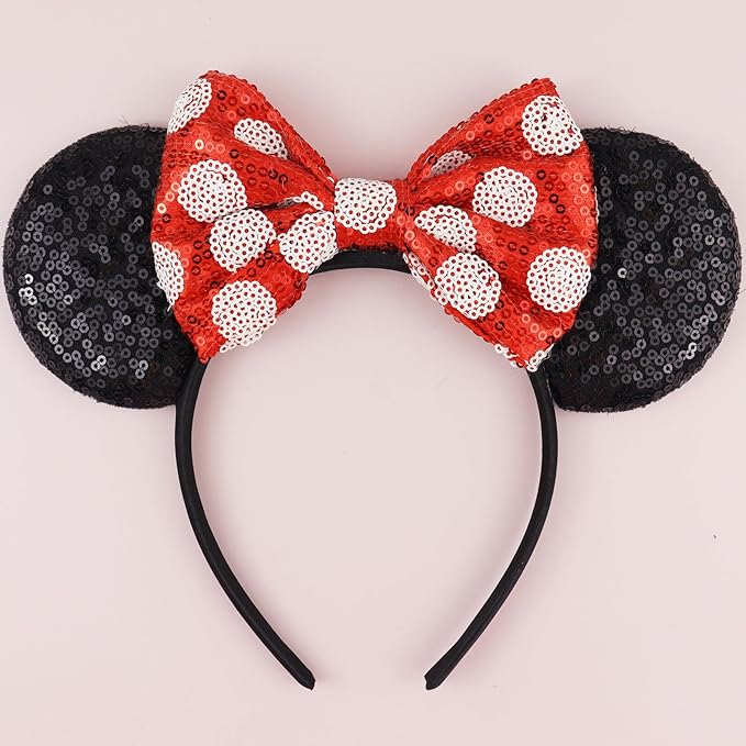 LIHELEI Mouse Ears Headband with Sequin Bows, Headbands for Kids Halloween Costume, Headwear Hair Accessories for Women Girls - Red and Black Headband-B