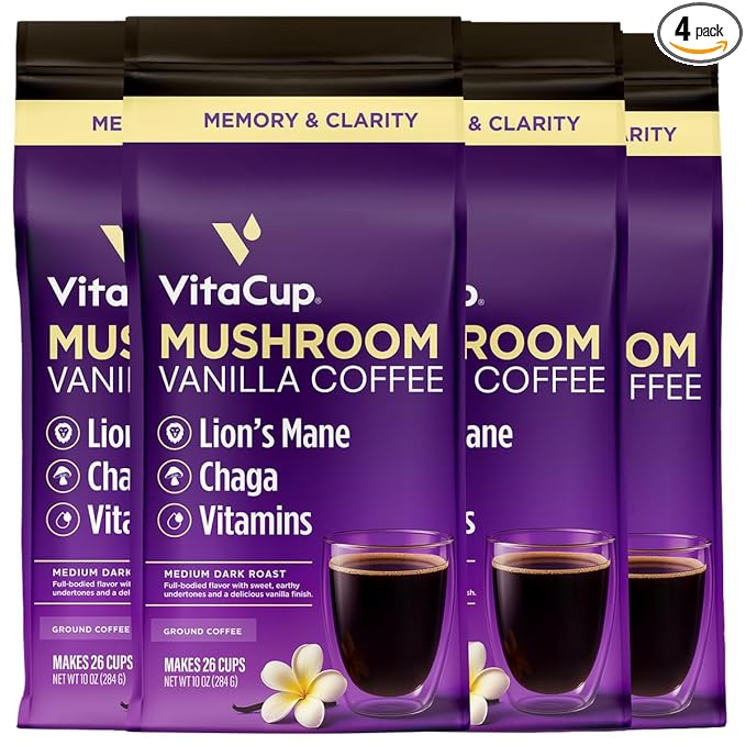 VitaCup Mushroom Coffee Grounds, Vanilla Flavored Coffee with Lions Mane, Chaga, B Vitamins, D3, Boost Focus, Immunity, Memory & Clarity, Medium Dark Roast, 100% Arabica Specialty, 4 bags, 10oz each