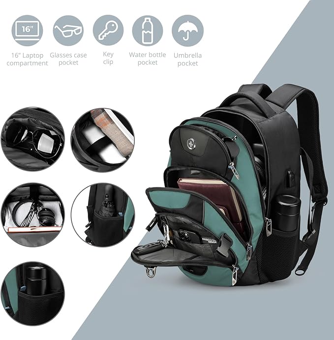 Swissdigital Design Laptop Backpack with USB Charging Port, Travel Backpack Fits 15.6 inches Computer, 31L College School Backpack for Men, Lake Green/Black | SD803-27