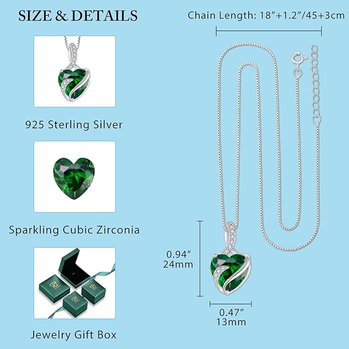 FJ Heart Jewelry Set for Women 925 Sterling Silver Emerald Necklace and Earrings Set May Birthstone Jewelry Gifts