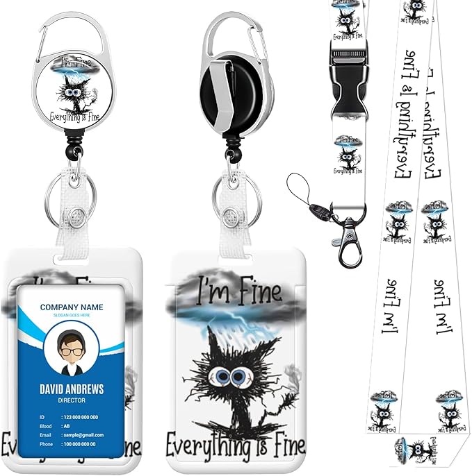 Lanyard for ID Badge Holder Badge Reel Everything is Fine Cat for Man Women Cute Nurse Teacher Name Tag Clip Retractable Keychain Heavy Duty Work Office Gifts Accessories
