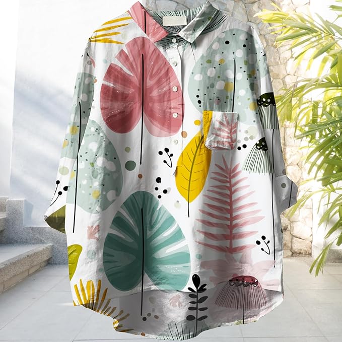 Womens Boho Tops 3/4 Long Sleeve Floral Blouses Hawaii Beach Button Down Shirts V Neck Pullover Casual Tunics