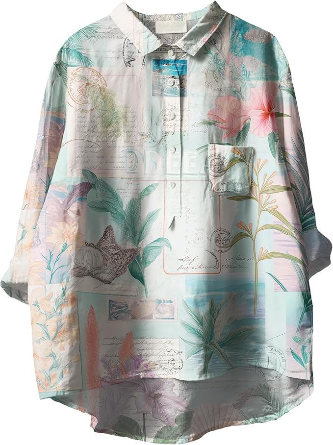 Womens Boho Tops 3/4 Long Sleeve Floral Blouses Hawaii Beach Button Down Shirts V Neck Pullover Casual Tunics