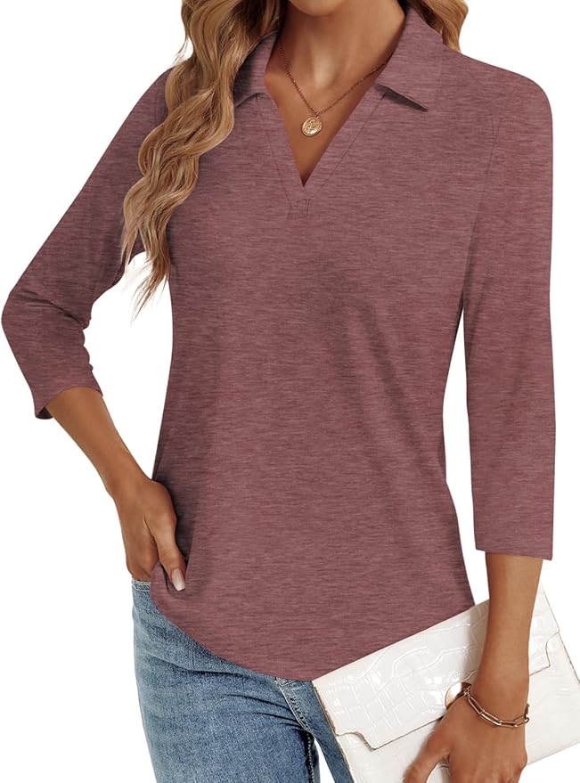 3/4 Length Sleeve Womens Tops Dressy Casual V Neck Polo Shirts Business Work Blouses 2025 Trendy Tunic Top