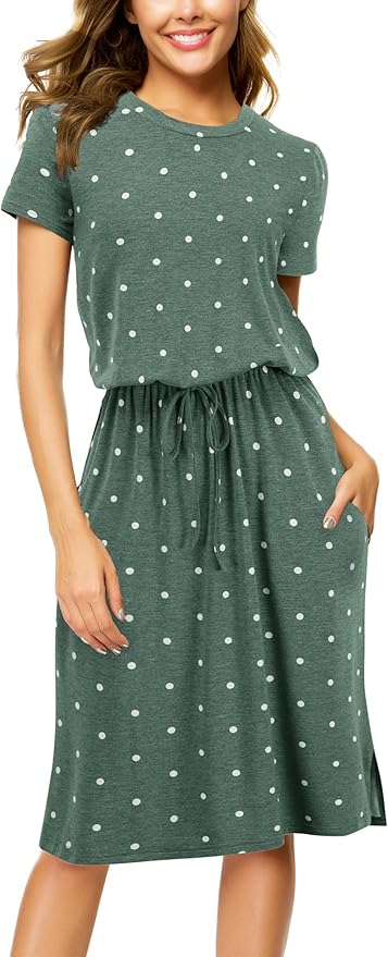Simier Fariry Womens Spring Hide Belly Knee Length Travel Dress Pocket Summer Short Sleeve Midi Work Casual Outfits