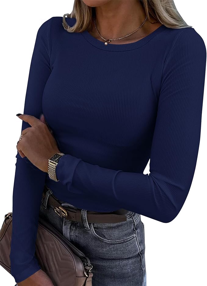 Roselux Womens Long Sleeve Stretch Crewneck Ribbed T-Shirt Fitted Casual Basic Tops