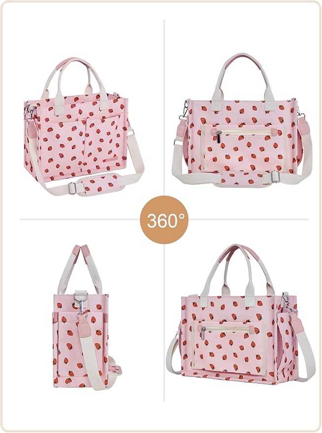 BESBESME Canvas Tote Bag for Women with Zipper & Compartments– Large Work & College Laptop Tote Crossbody Shoulder Bag
