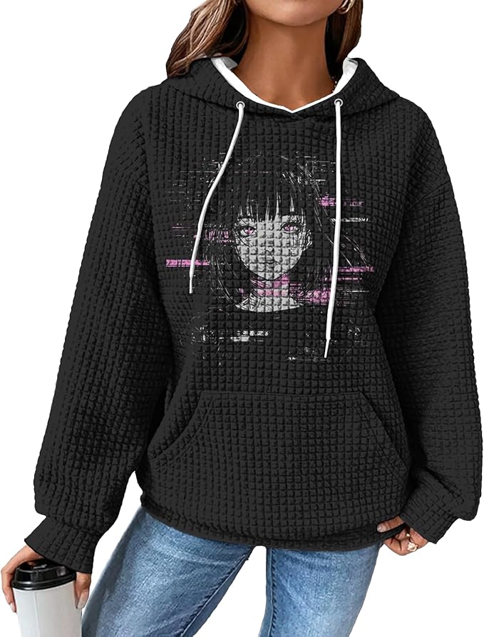 domirica Black Pullover Sweatshirts For Women Trendy Long Sleeve Waffle Sweatshirt With Hood Comfy Fall Clothing Qutfits