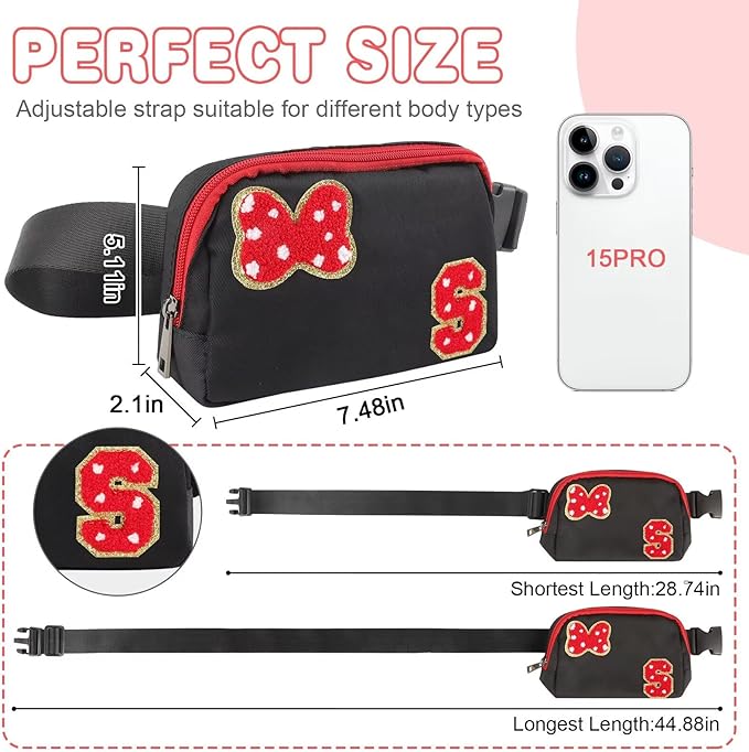 Initial Letter Bow Mouse-Ear Fanny Pack for Teen Girls,Cute Chenille Belt Bag Crossbody Travel Waist Pack for Women&Kids,Personalized Gift for Theme Park,School & Travel, Birthday Christmas(S)