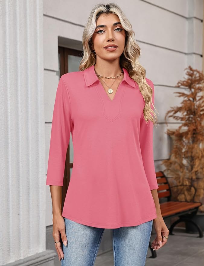 LOMON 3/4 Length Sleeve Womens Tops 2026 Spring Summer Collared Polo Shirts V Neck Casual Basic Polos Tees Shirt