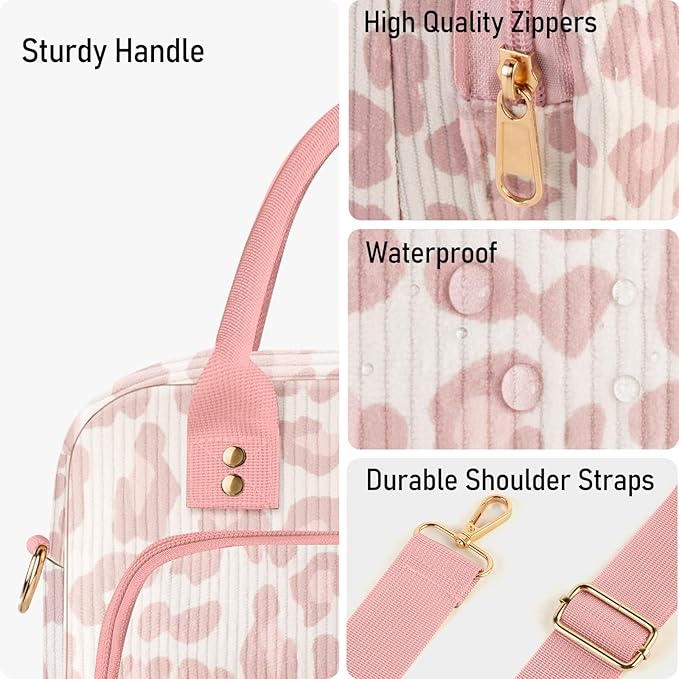 Lunch Bag Large Insulated Lunch Box for Women Adult Cute Pink Leopard Lunchbox Corduroy Lunch Bags Boxes Pail with Shoulder Strap for Work Mom Picnic Office Travel 11.4×6.8×9.1 inches 11.5L