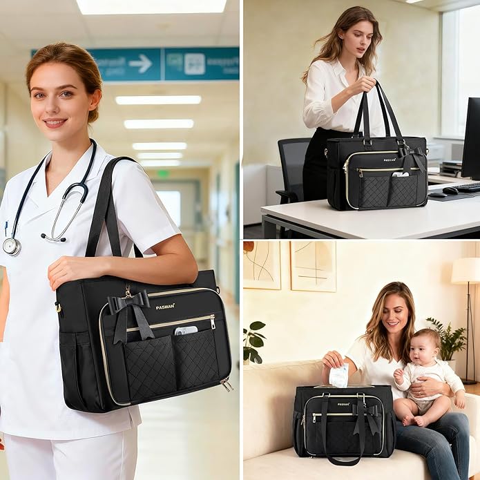 Teacher Tote Bag for Women,Multi-Pocket Laptop & Nurse Work Bag with Cup Holder,Structured Business Briefcase Computer Purse