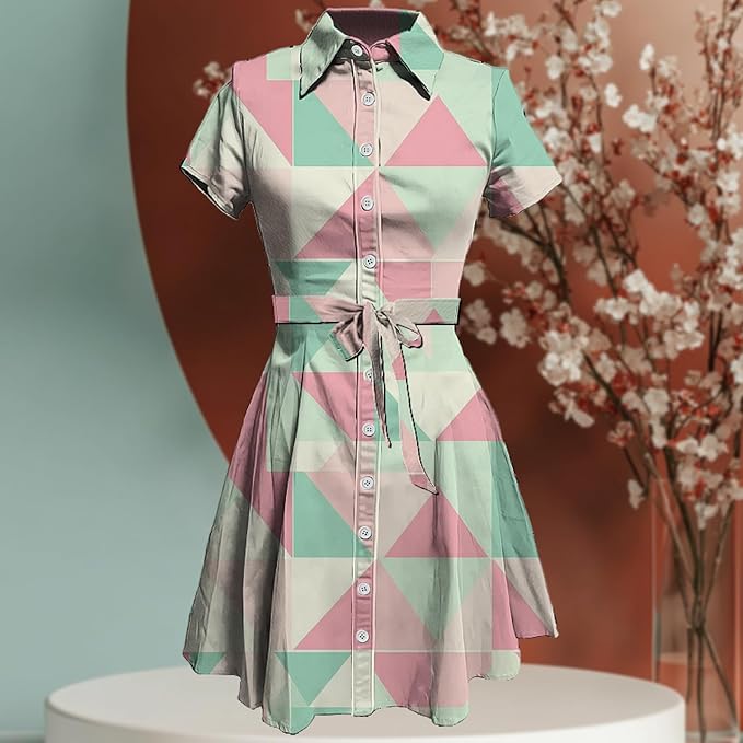 MARSVOVO Cute T Shirt Dress for Women Short Sleeve Button Up Tie Waist Elegant Casual Collared Smocked Midi Dress