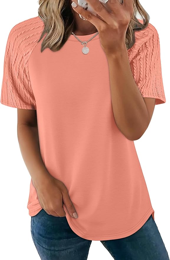 WIHOLL Summer Tops for Women 2026 Trendy Short Sleeve Shirts Crew Neck Tops Curved Hem Fashion Clothing