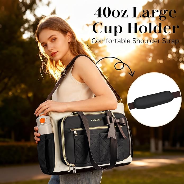 Teacher Tote Bag for Women,Multi-Pocket Laptop & Nurse Work Bag with Cup Holder,Structured Business Briefcase Computer Purse