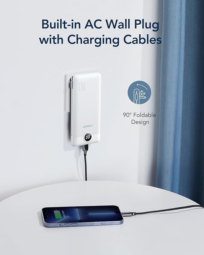 VEGER Portable Charger for iPhone Built in Cables and Wall Plug, 10000mah Slim Fast Charging USB C Power Bank, Travel Essential Battery Pack Compatible with iPhones, iPad, Samsung More Devices(White)
