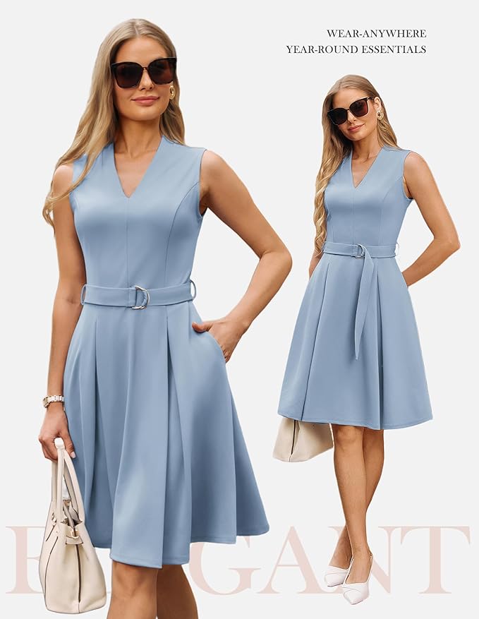 GRACE KARIN Work Dresses for Women 2026 V Neck Fit and Flare Midi Dresses Office Business Dress with Belt and Pockets