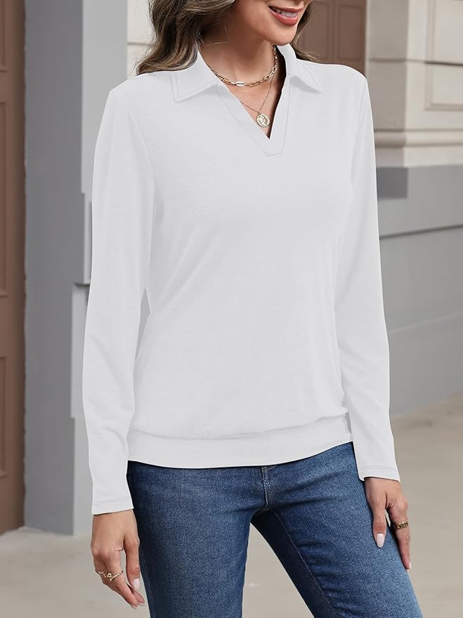 Womens Polo Shirts Long Sleeve Banded Bottom Tops Business Casual Tops Collared V Neck Blouses