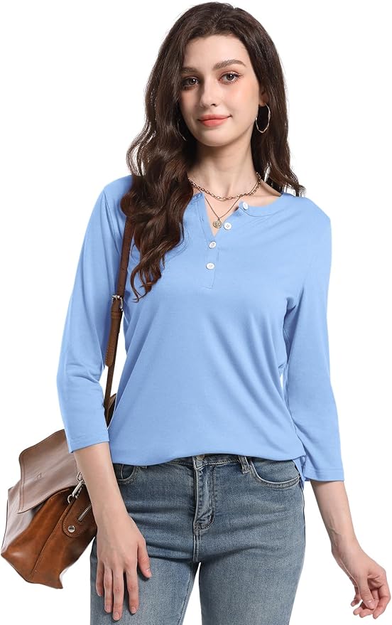 PGANDS Women's 3/4 Length Sleeve T Shirts Button Down Scoop Neck Casual Tops