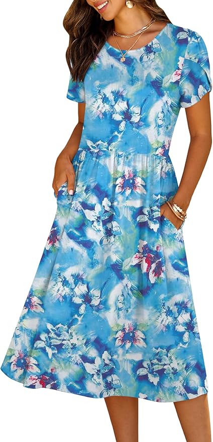 HOTOUCH Women's Summer A-Line Midi Dresses 2026 Casual Floral Short Sleeve T-Shirt Dress Flowy Beach Sundress with Pockets