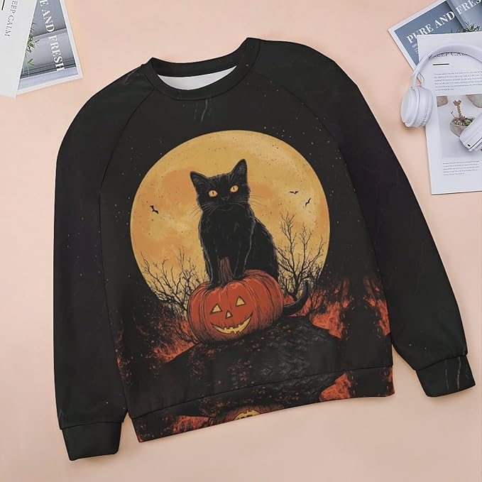 Spatofa Womens novelty funny cat printed crewneck sweatshirt casual loose long sleeve graphic pullover sweatshirts tops