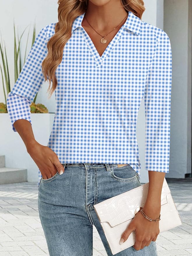 3/4 Length Sleeve Womens Tops Dressy Casual V Neck Polo Shirts Business Work Blouses 2025 Trendy Tunic Top
