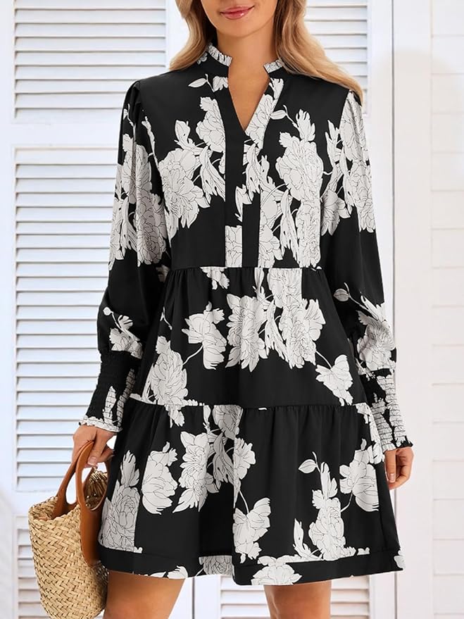 Imily Bela Womens Fall Long Sleeve Tunic Dress Casual V Neck Loose Ruffle Tiered Dress