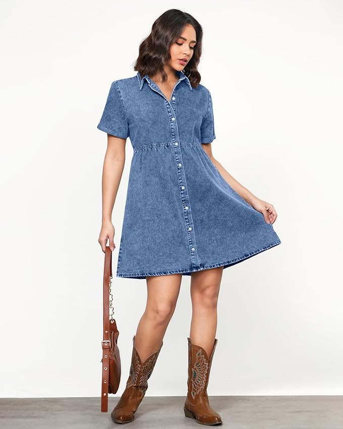 LookbookStore Women's Short Sleeve Button Down Flowy Tiered Babydoll Denim Dress