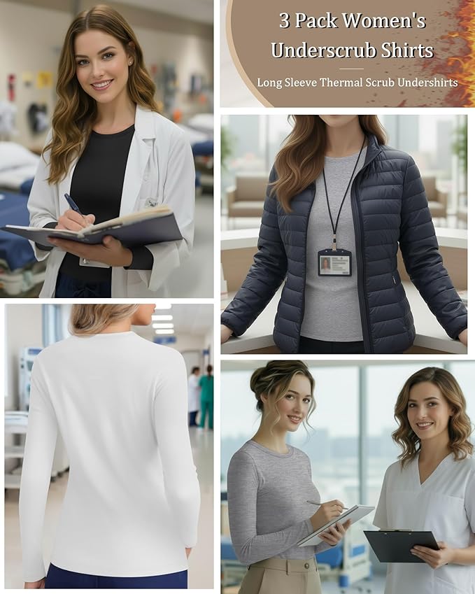 3 Pack Women's Underscrub Shirts Long Sleeve Thermal Scrub Undershirts Nurse Crew Neck Slim Fit Fleece Top Basic Tee