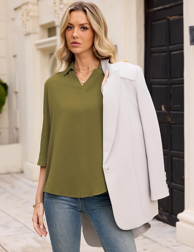 LOMON Womens 3/4 Sleeve Tops V Neck Cotton Linen Work Blouse Polo Shirts for Women Business Casual 2026