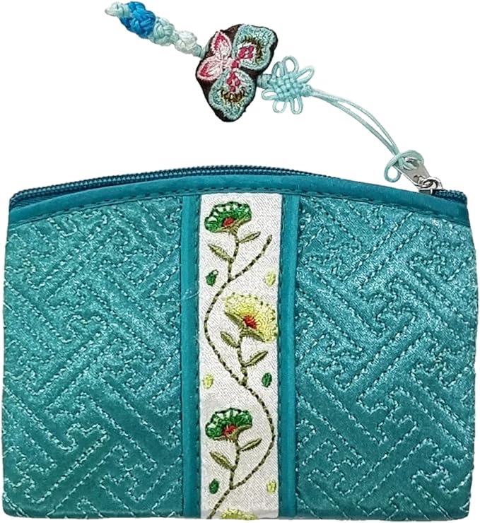 Seoulful Vintage Korean Embroidered Card Pouch - Wildflower Design Coin Purse with Butterfly Charm - Traditional Korean New Year's Gifts (Mint)