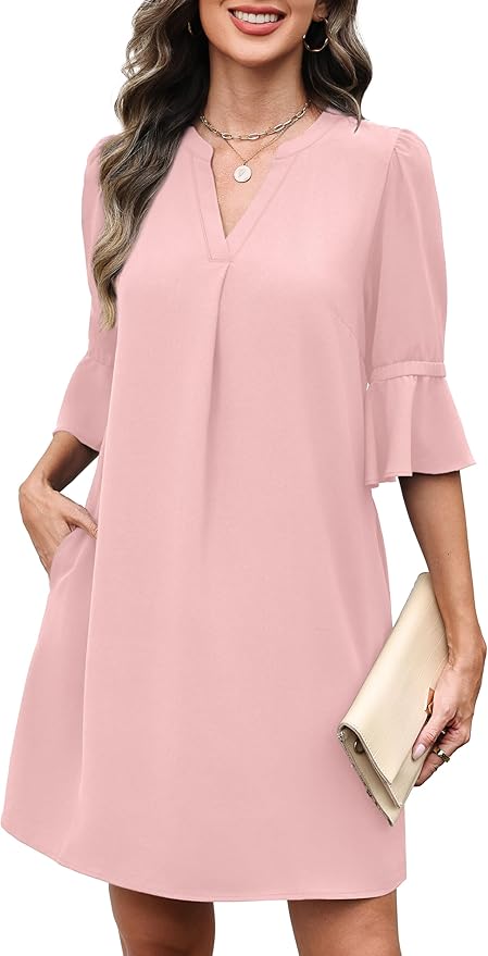 RUMIA Shift Dress for Women V Neck Ruffle Short Sleeve Loose Casual Summer Dress