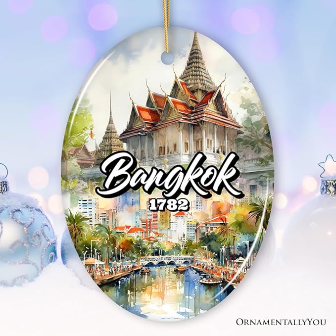 Lively Bangkok City Artistic Ceramic Ornament, Thailand Souvenir and Christmas Decor Keepsake (Oval)