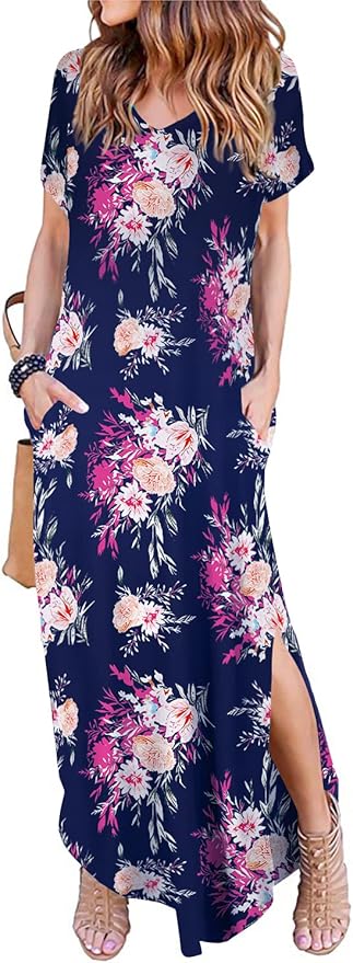 Arolina Women's Summer Maxi Dress Short Sleeve V Neck Casual Loose Long Beach Split Dresses with Pockets