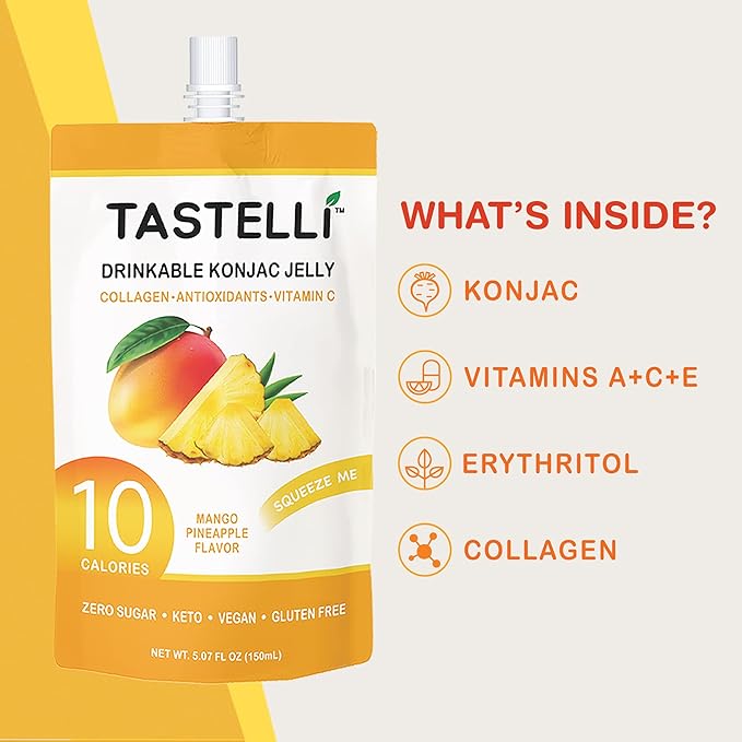 Tastelli Konjac Jelly Infused with Collagen & Vitamin C | Gluten Free, Sugar Free, Low Calorie | Vegan Drinkable Fruit Jelly Snack | Mango Pineapple | 150mL x 10 Pouches