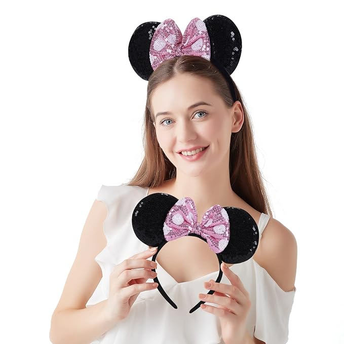 Twineek 2 Pcs Pink Mouse Ears Sequin Headbands,Shiny Bows Headbands, A Perfect Addition to Your Trip Essentials Accessories for Women Grils Princess Decoration Costume Cosplay