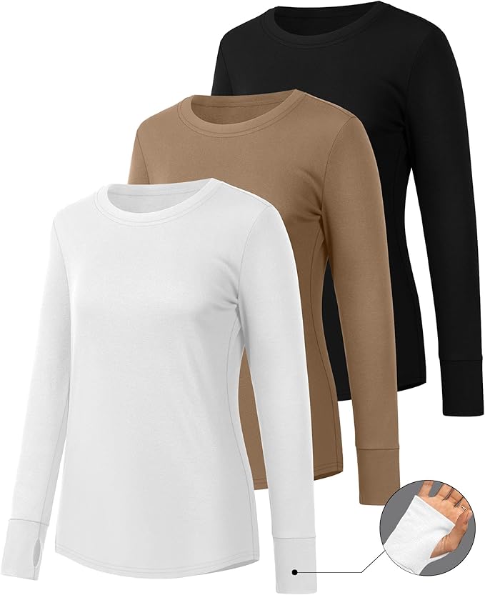 Huukeay 3 Pack Women's Long Sleeve Shirts with Thumb Holes, Cotton Casual Crew Neck Tunic Tops Fall Loose Y2k Trendy Outfits