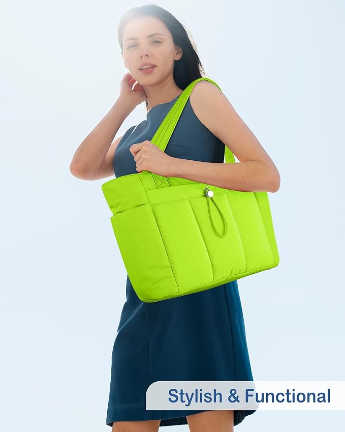 TOPDesign Puffy Tote Bag for Women with Cup Holder & Laptop Compartment & Cosmetic Bag & Trolley Sleeve for Work, Travel