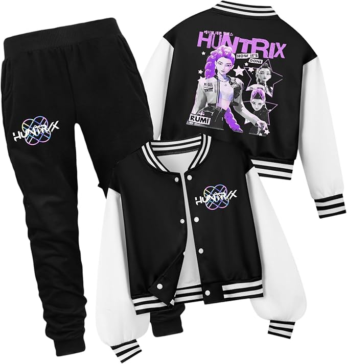 K PopGirls Kpop Tracksuit Cute Cartoon Print Baseball Coats Fashion Long Sleeve Jackets and Pants Christmas Costume Set