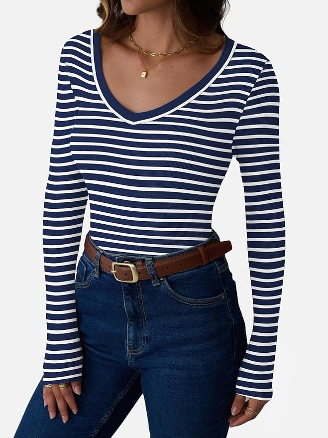 Womens 3/4 Sleeve Scoop Neck Top Ribbed Knit Slim Fitted Casual Basic Tee Shirts 2025 Fall Trendy Work T-Shirt Outfits