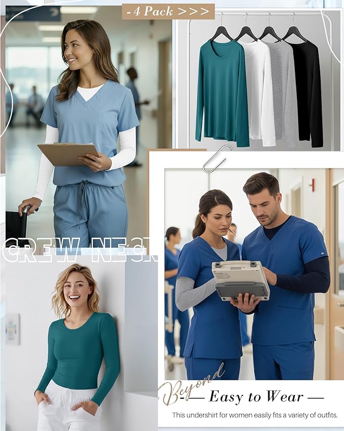 4 Pack Women's Underscrub Shirts Nurse Undershirts Long Sleeve Crewneck Slim Fit Tops Soft Stretchy Basic Tee