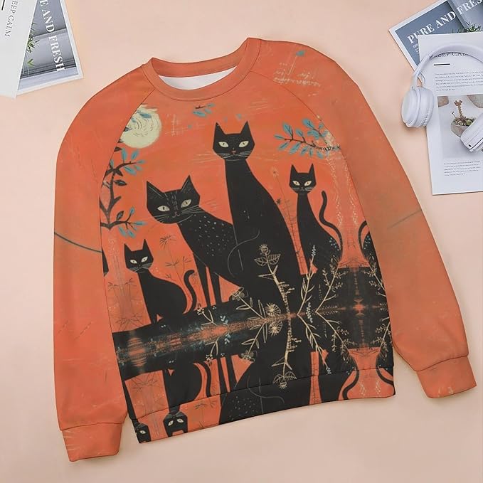Spatofa Womens novelty funny cat printed crewneck sweatshirt casual loose long sleeve graphic pullover sweatshirts tops