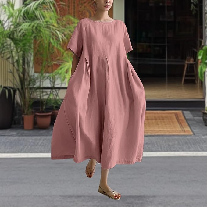 MARSVOVO Patchwork Flowy Dresses for Women Plus Size Loose Casual Tunic Dress Elegant Crewneck Maxi Dresses with Pockets