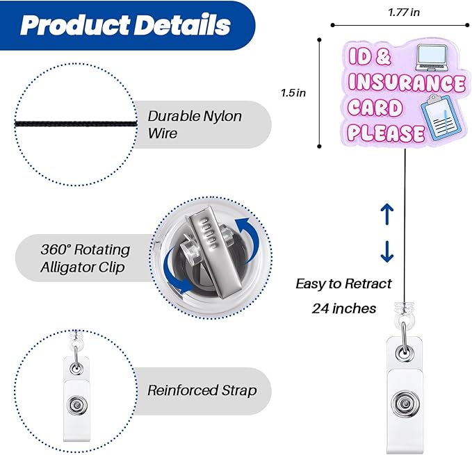 ID & Insurance Card Please Badge Reel for Hospital Admins - Glitter Retractable ID Holder, Funny Registrar Accessory with Folder & Pen Design | Medical Secretary Gift, Admin Stocking Stuffer