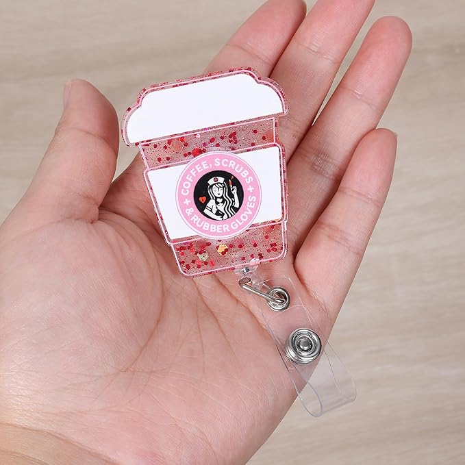 Coffee, Scrubs & Rubber Gloves Funny Badge Reel, Pink Retractable ID Card Badge Holder, Name Tag Work Badge Clip for RN LPN CNA MA ER ICU Night Shift Nurse Nursing Student OB/GYN Doctor, Nurse Gifts