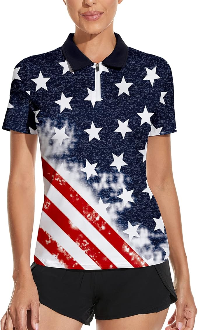 Women's Golf Shirt Short Sleeve Tennis Shirt Quarter Zip Golf Pullover Golf Polo Shirts Argyle Tops
